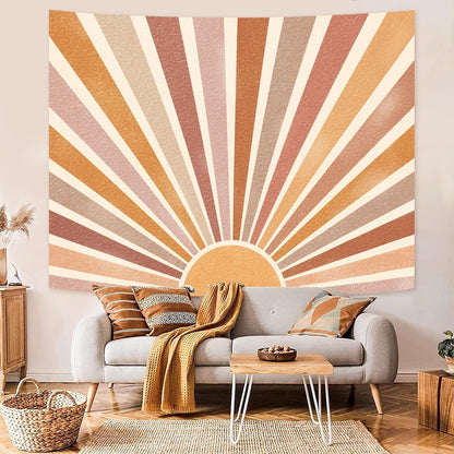 Kanuyee Retro Burning Sun Tapestry Wall Hanging, Vintage 70s Abstract Geometric Sunrise Tapestries