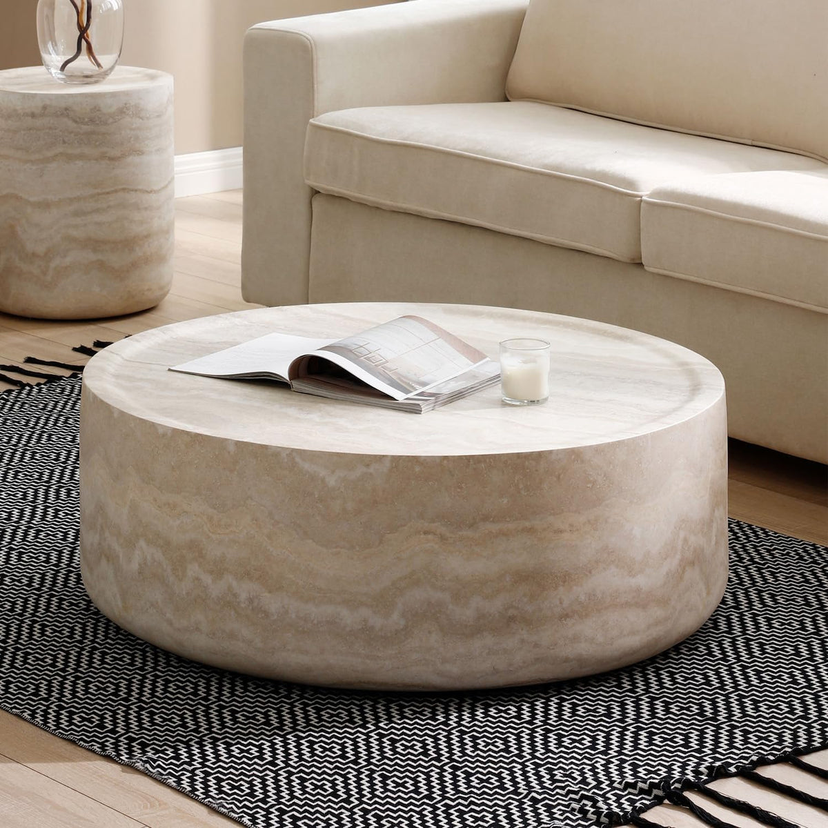 Faux Marble Coffee Table, Modern Round Coffee Table for Living Room, Circle Drum Coffee Side