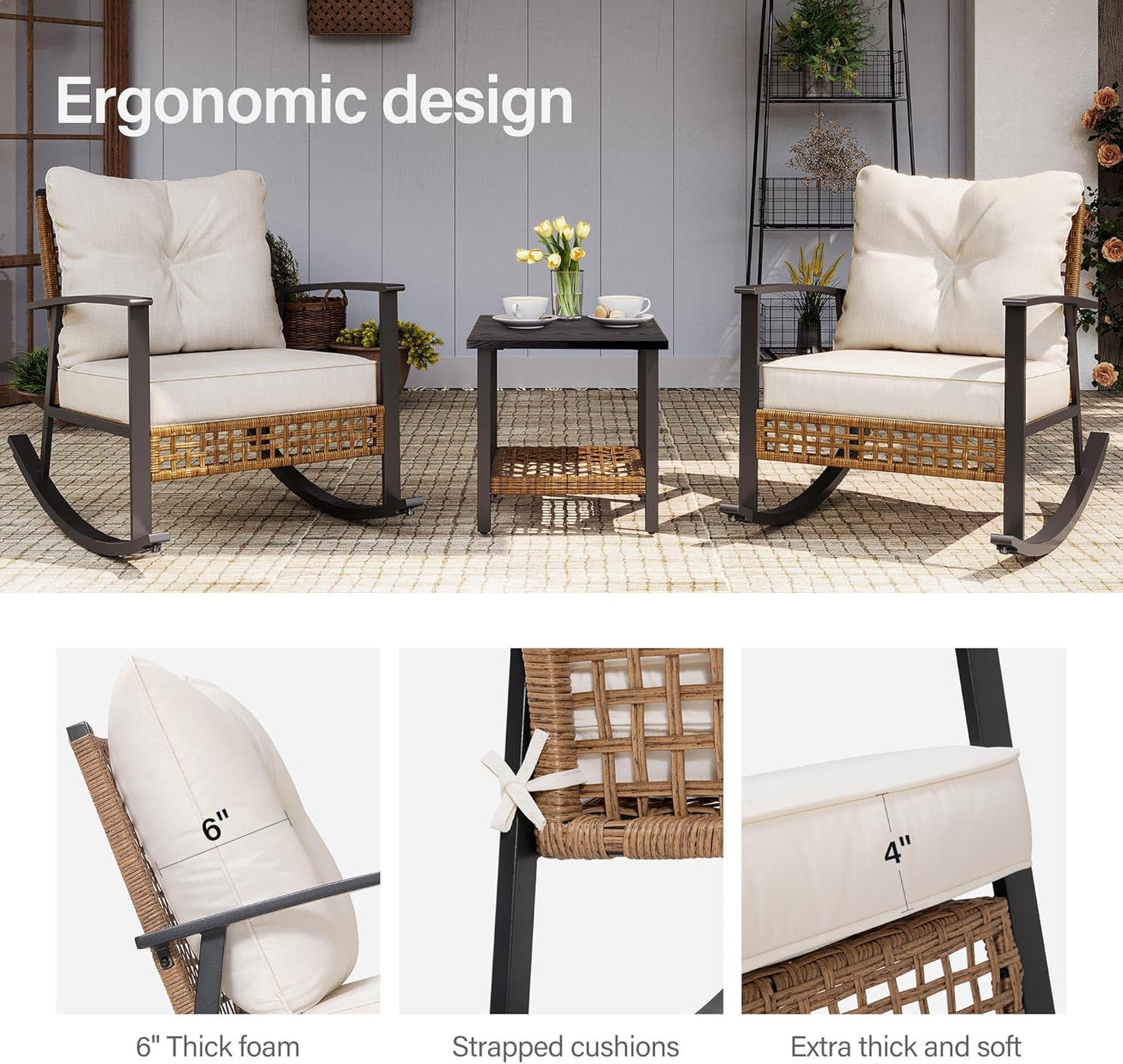 LAUSAINT HOME 3-Piece Rocking Bistro Set, Outdoor Patio Furniture with Thick Cushions and 2-Tier