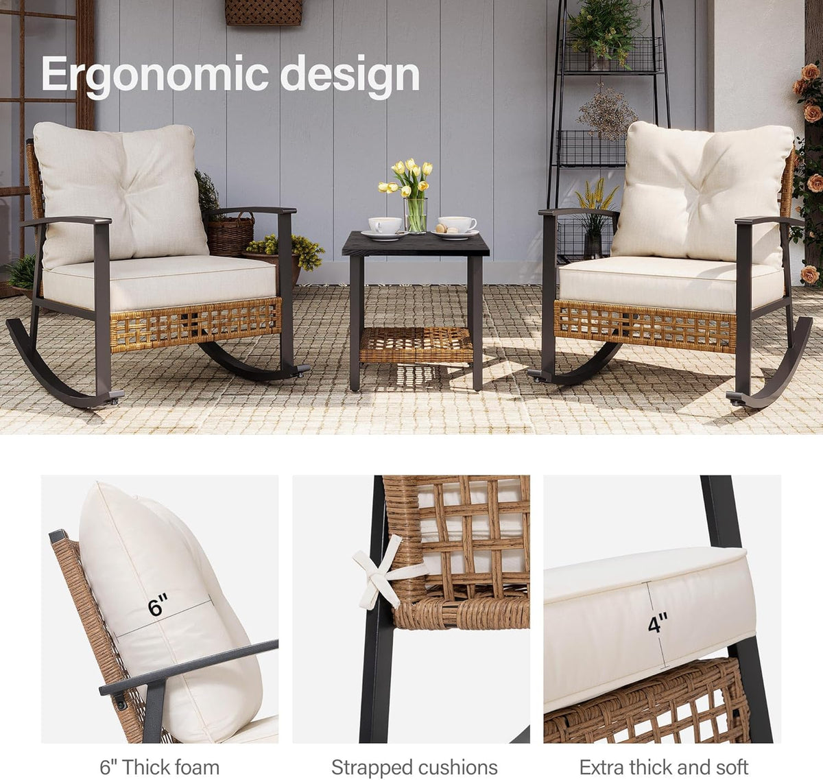 LAUSAINT HOME 3-Piece Rocking Bistro Set, Outdoor Patio Furniture with Thick Cushions and 2-Tier