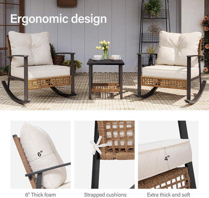 LAUSAINT HOME 3-Piece Rocking Bistro Set, Outdoor Patio Furniture with Thick Cushions and 2-Tier