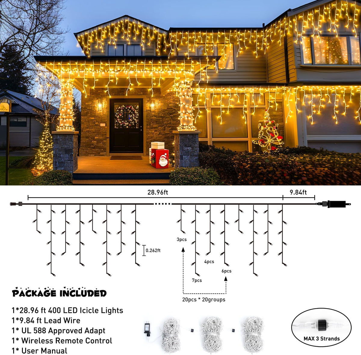 JMEXSUSS 38.8FT Icicle Lights for Outside, 400 LED Icicle Christmas Light Outdoor Indoor Plug in