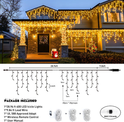 JMEXSUSS 38.8FT Icicle Lights for Outside, 400 LED Icicle Christmas Light Outdoor Indoor Plug in