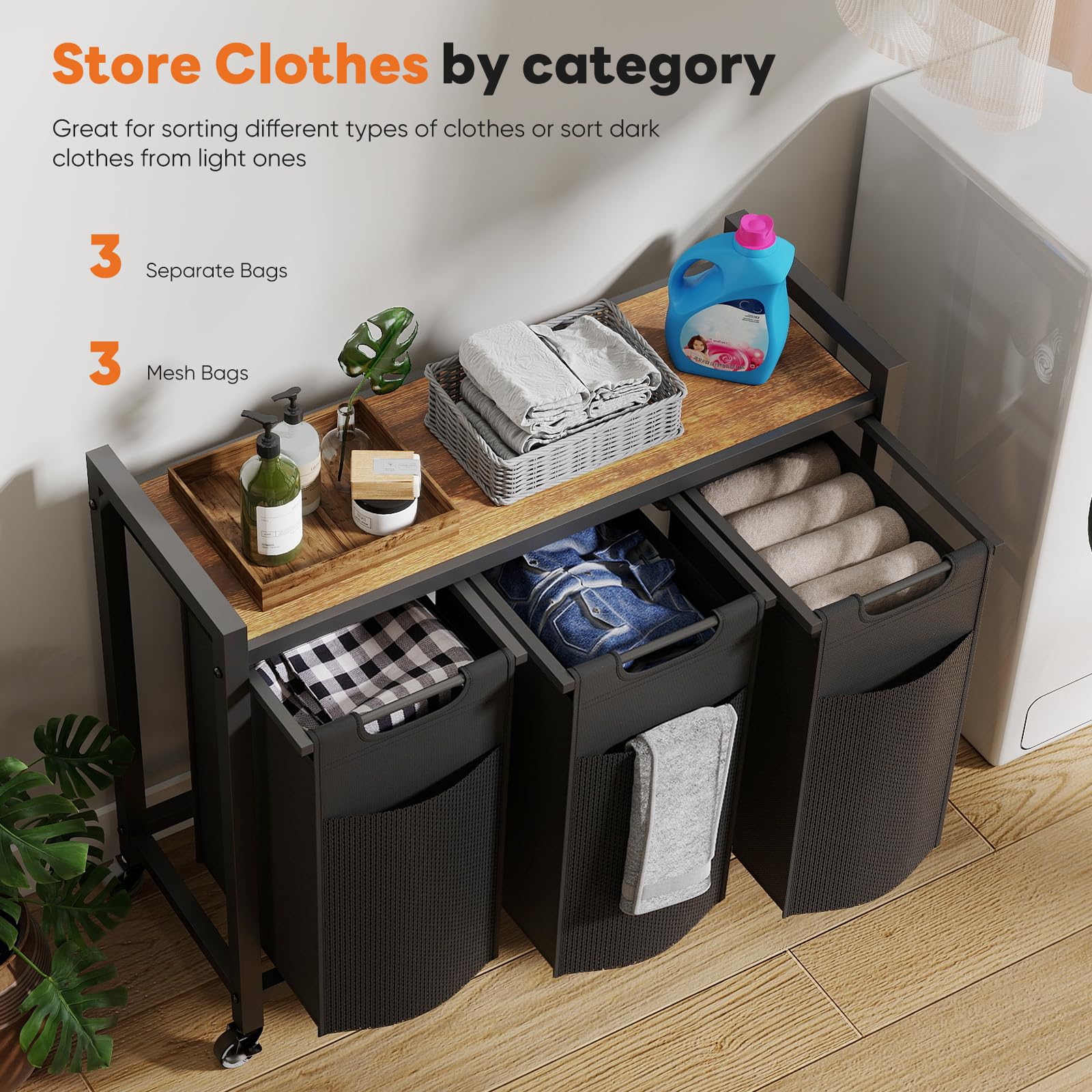 DUMOS Laundry Sorter 3 Section, 3 x 10.6 Gal (120L) Rolling Laundry Basket