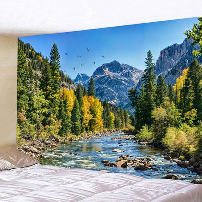 AMM Nature Forest Mountain Tapestry Green Pine Tree Tapestry for Bedroom Aesthetic Flowing River