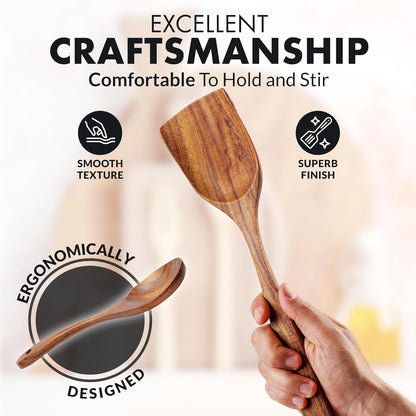 Zulay Kitchen 15-Piece Teak Wooden Utensils for Cooking - Natural Teak Utensil Set with Premium