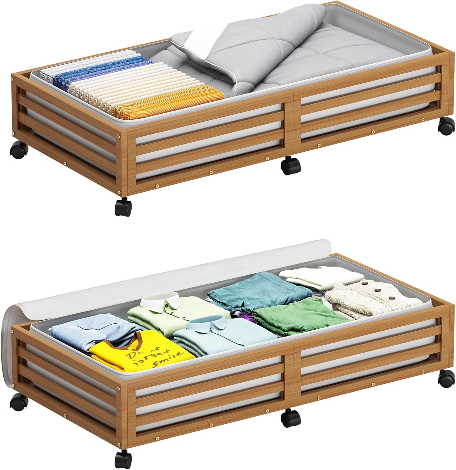 Bamboo Under Bed Storage Containers- Underbed Organizer with Wheels with Large Dust Bag,Sturdy Wood