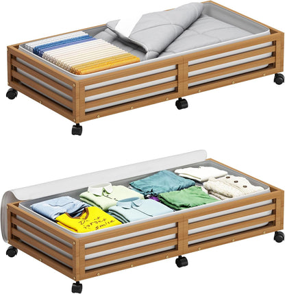 Bamboo Under Bed Storage Containers- Underbed Organizer with Wheels with Large Dust Bag,Sturdy Wood