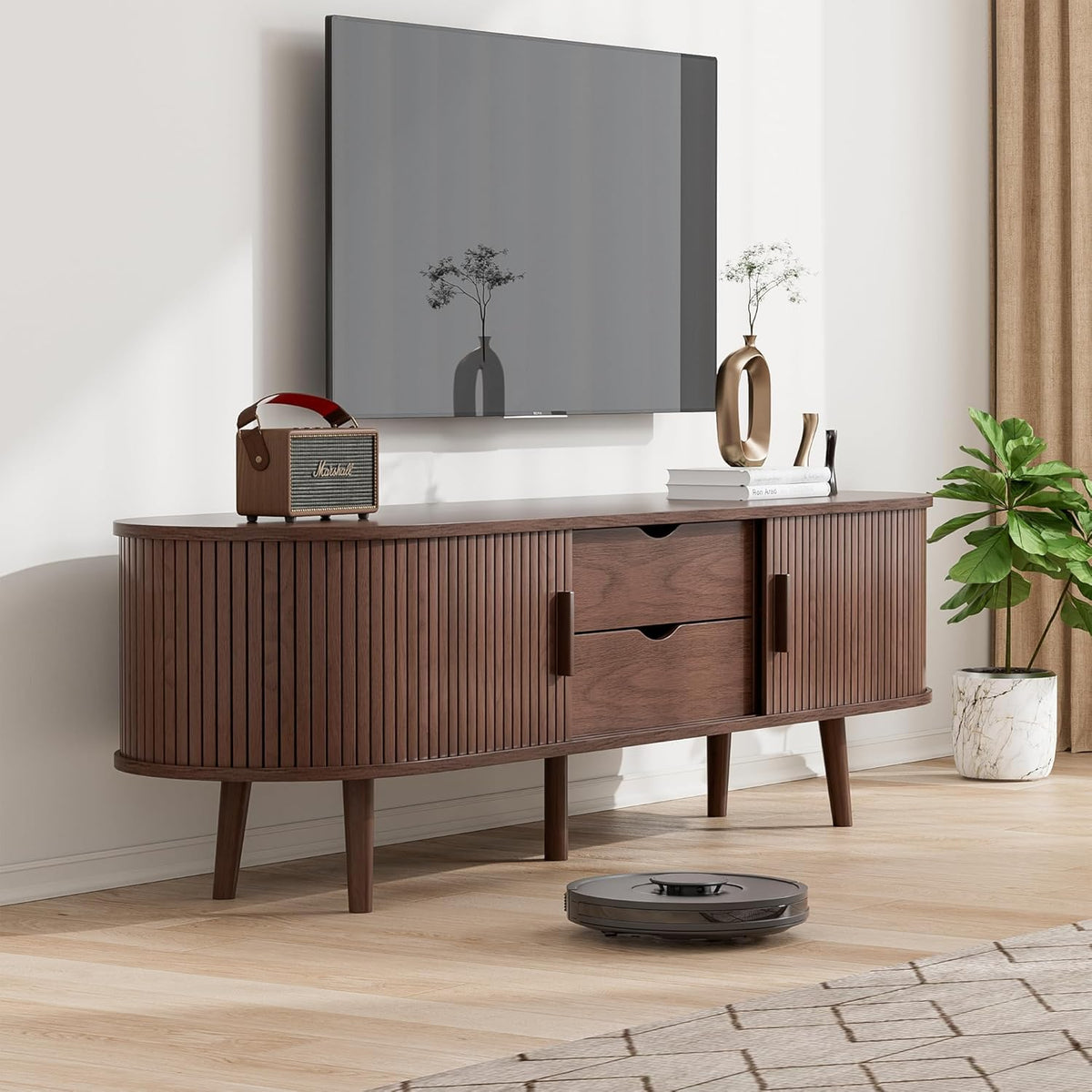 55" Mid Century TV Stand, Fluted TV Stand Fits 32" to 60" TVs. Wood Entertainment Center for Living
