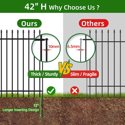 Metal Garden Fence 42 in H x 11.5 ft L, Border Fence Panels Animal Barrier for Dogs, No Dig Garden