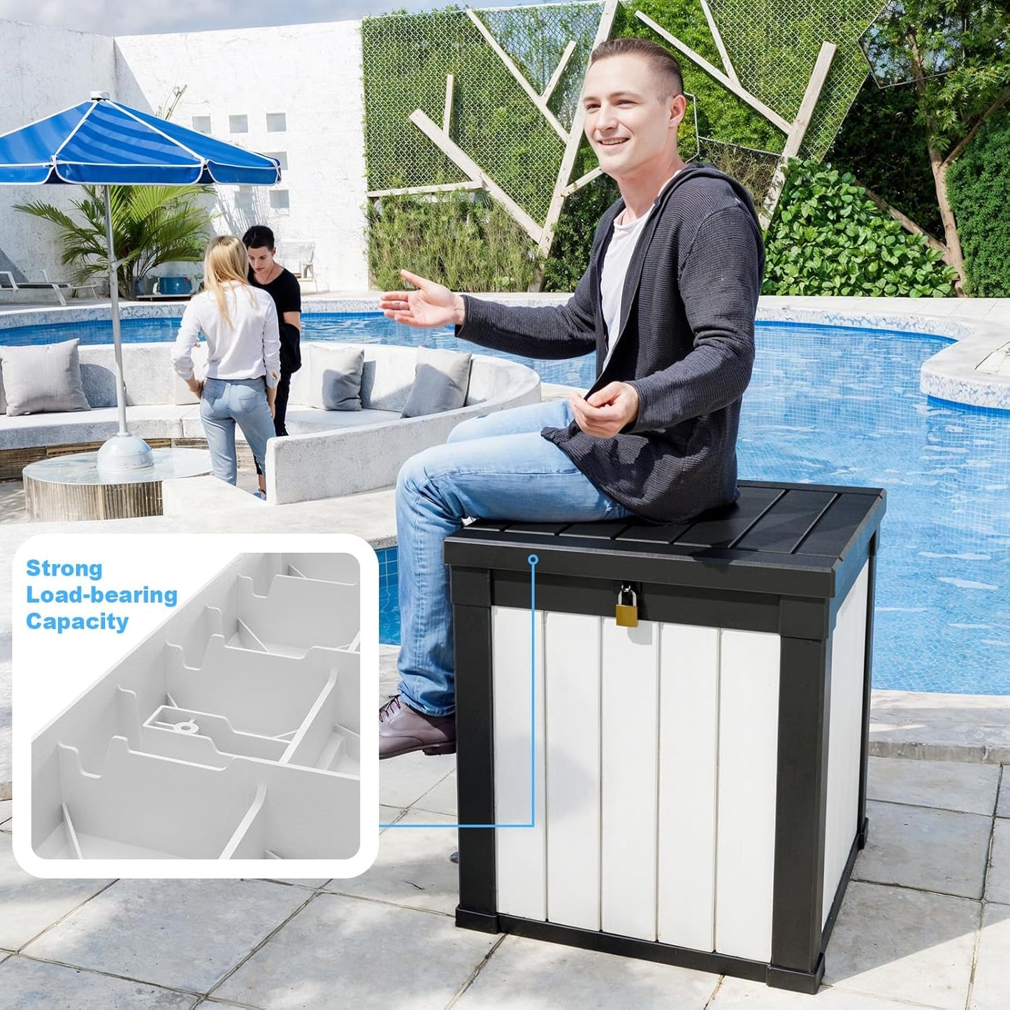 Vixzen 50 Gallon Resin Deck Box, Lockable Outdoor Storage Box for Patio Cushions Storage
