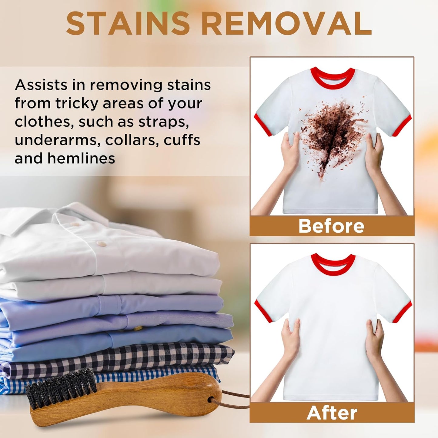 TAKAVU Stain Brush, Laundry Brush for Stain Removal, Natural Black Boar Bristle Cleaning Brush with