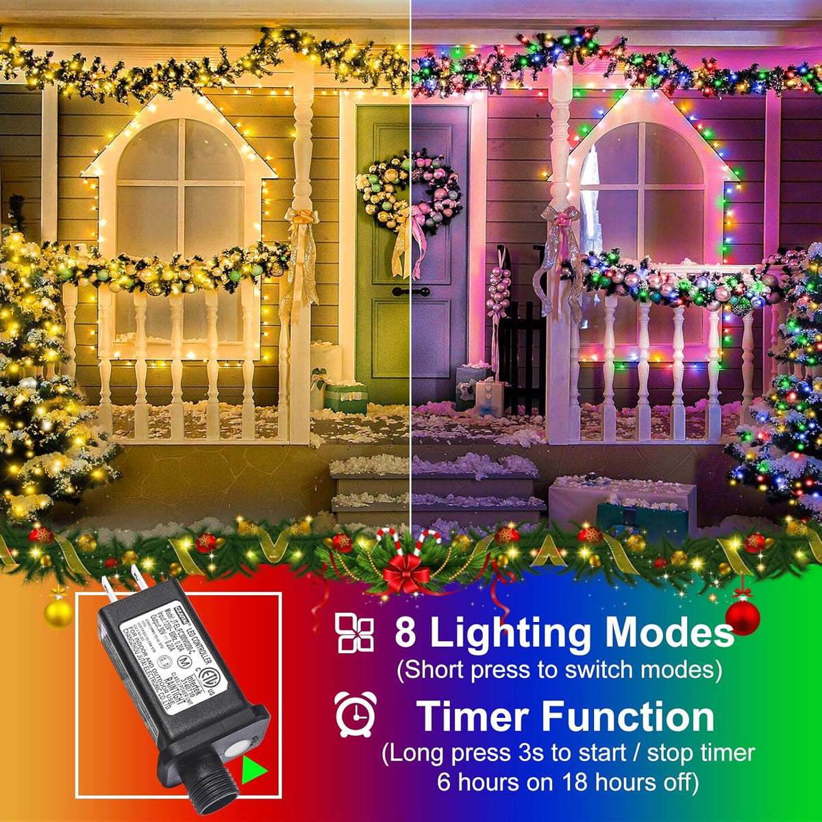 2 Pack Christmas Lights Outdoor, Total 200FT 600LED Christmas String Lights Waterproof, Green Wire