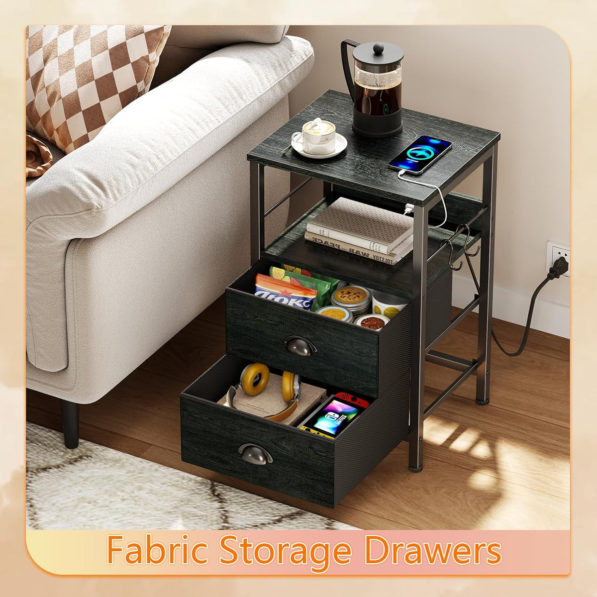 Furologee Nightstand with Charging Station, Black Night Stand with 2 Fabric Drawers, Side Table