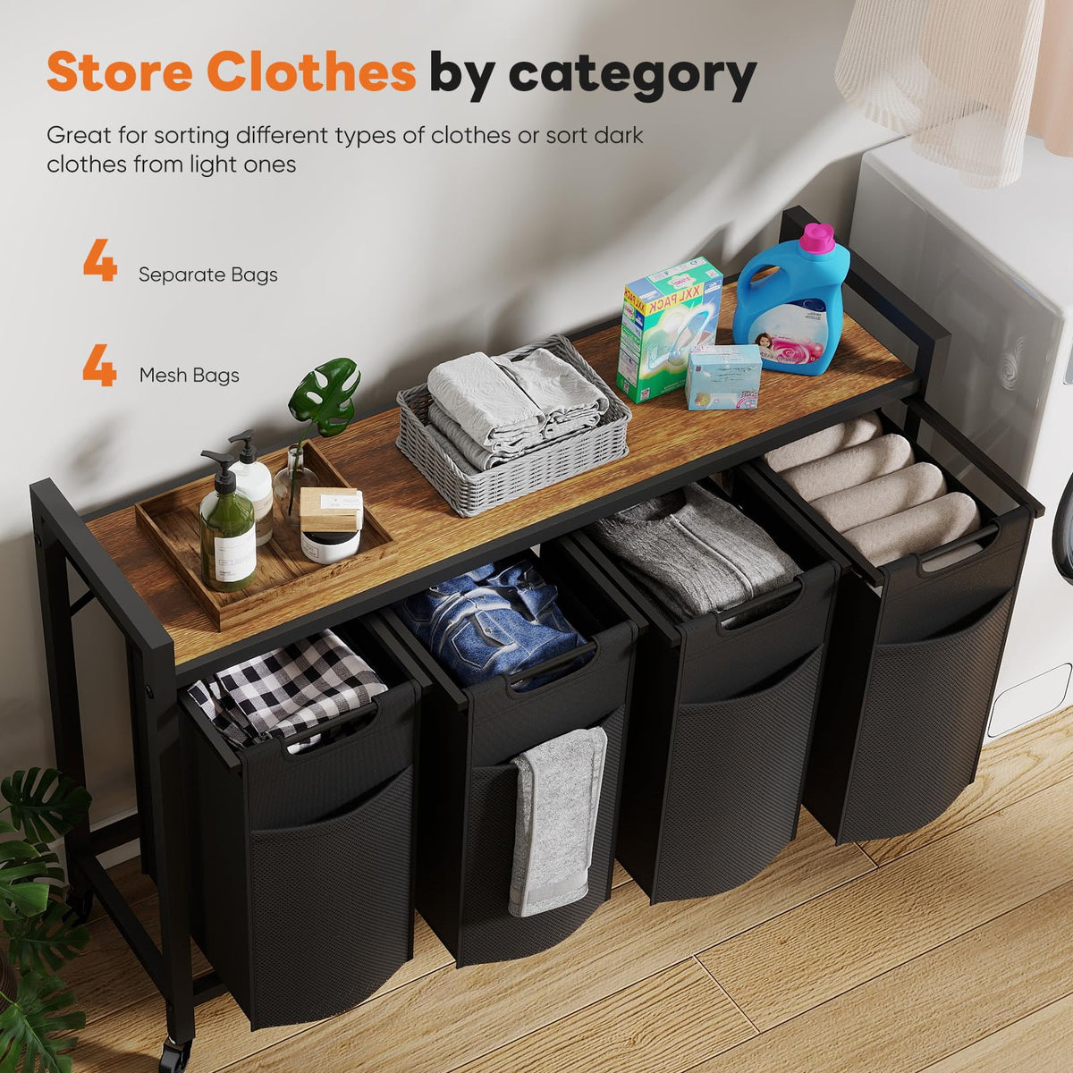 DUMOS Laundry Sorter 4 Section, 4 x 10.6Gal (160L) Rolling Laundry Basket