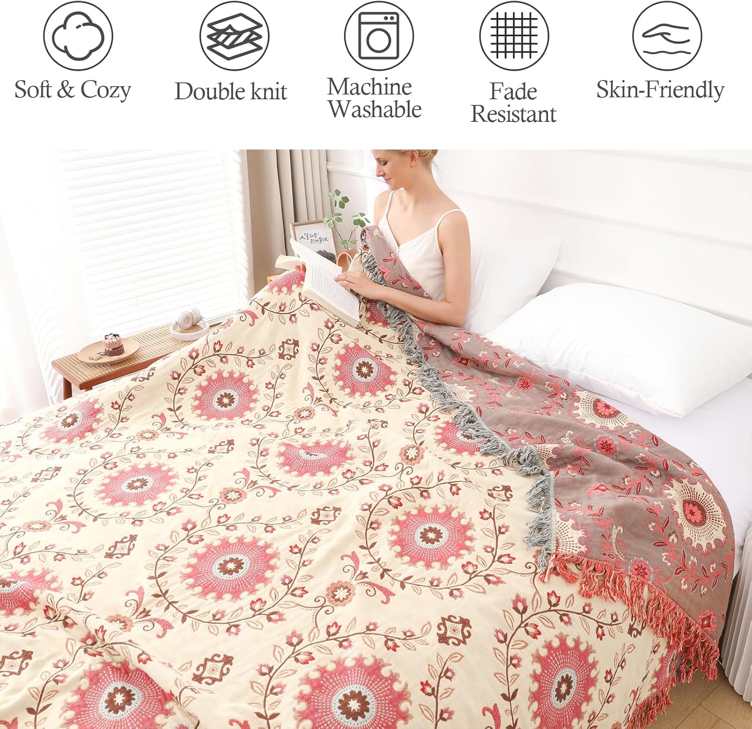 Snycler Boho Throw Blanket for Bed - 100% Cotton Ultra Soft Rustic Quilt - Pink Boho Floral Printed