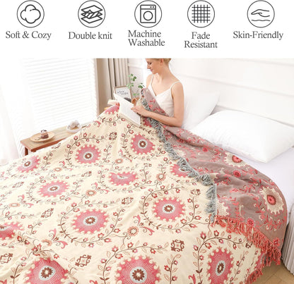 Snycler Boho Throw Blanket for Bed - 100% Cotton Ultra Soft Rustic Quilt - Pink Boho Floral Printed