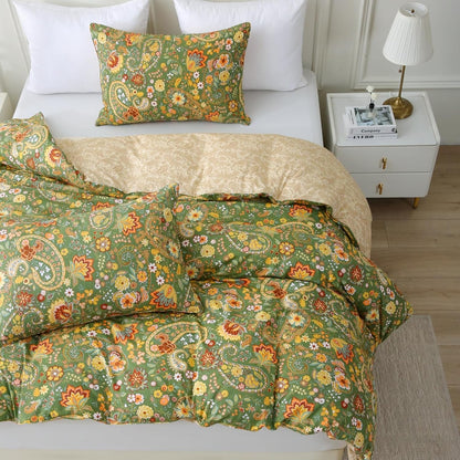 ABREEZE Paisley Bedding Sets 3Pcs Brushed Cotton Duvet Cover Set Queen Size Rustic Damask Green