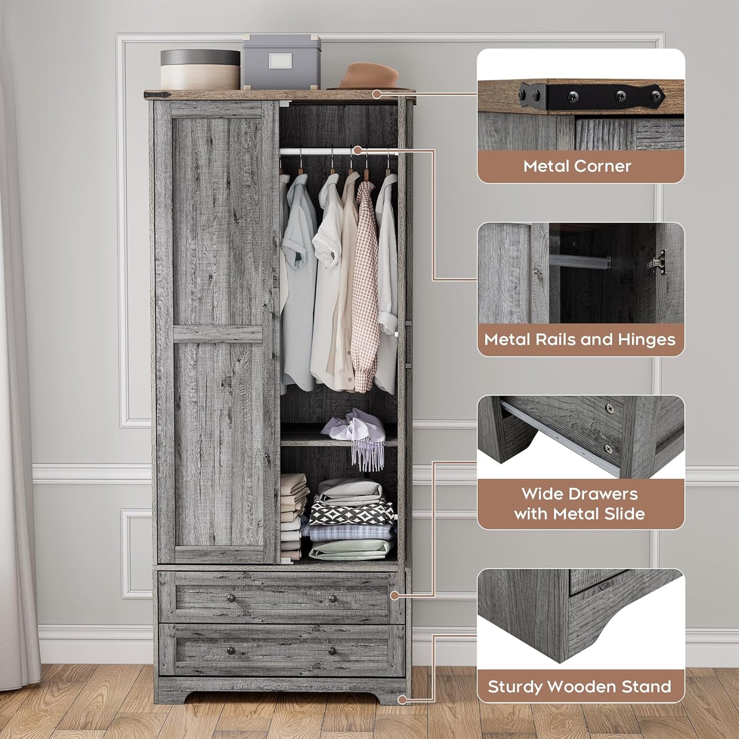 Brafab Armoire Wardrobe Closet with 2 Modern Doors, 71" Tall Freestanding Closet Wardrobe Cabinet