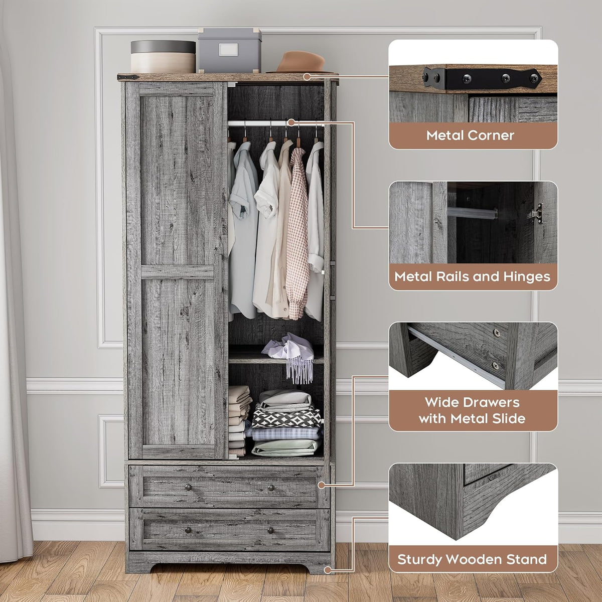 Brafab Armoire Wardrobe Closet with 2 Modern Doors, 71" Tall Freestanding Closet Wardrobe Cabinet