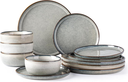 GBHOME Ceramic Dinnerware Sets for 4, 12 Pieces Stoneware Plates and Bowls Sets, Reactive Glaze