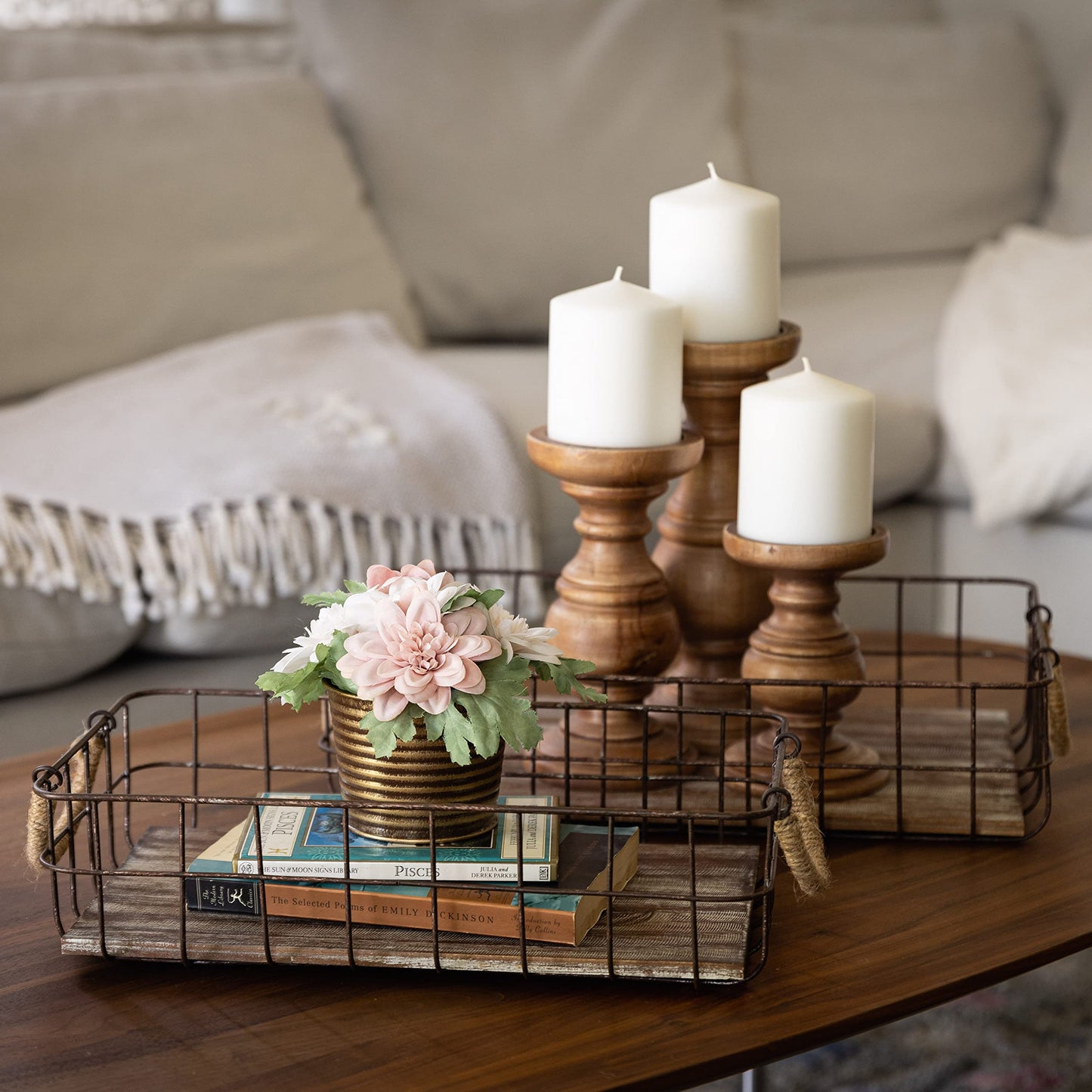 Stonebriar Stackable 2pc Rectangle Metal Wire and Wood Basket Set with Rope Wrapped Handles, Rustic