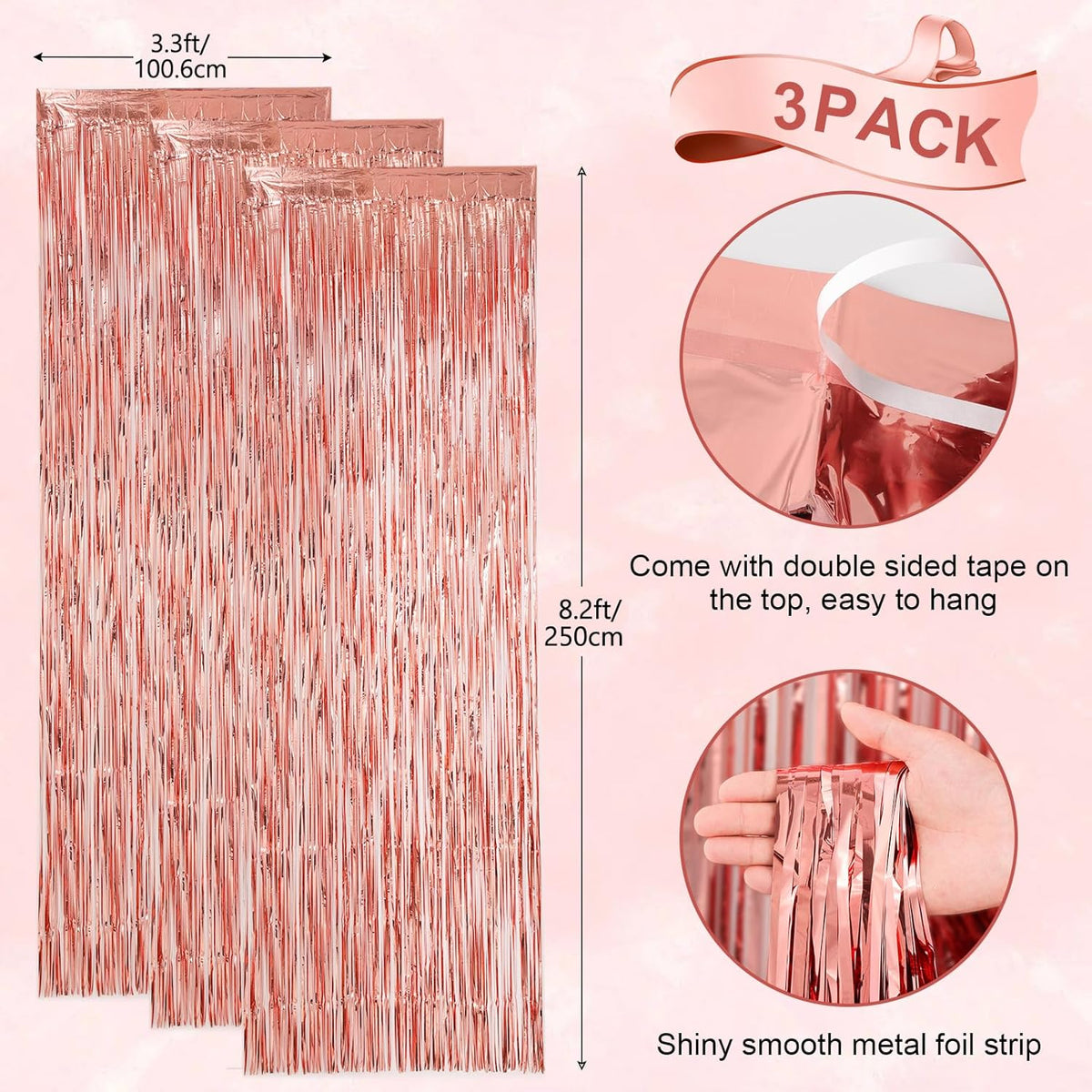 3 Pack 3.3x8.2 Feet Rose Gold Foil Fringe Backdrop Curtains, Tinsel Streamers Birthday Party