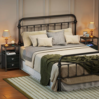 Furologee Nightstand Set of 2, Black Oak, with Charging Station and USB Ports, Side Tables with 2