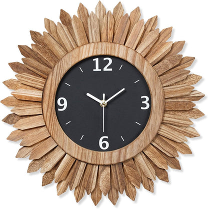 Honiway 16 Inch Wall Clocks, Rustic Wood Boho Sunburst Decorative Wall Clock Battery Operated