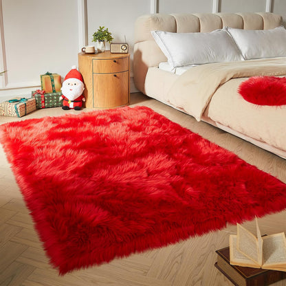 AMTOVO Faux Fur Sheepskin Rug for Living Room, 4 x 6 ft Red Fluffy Area Rug for Bedroom, Playroom