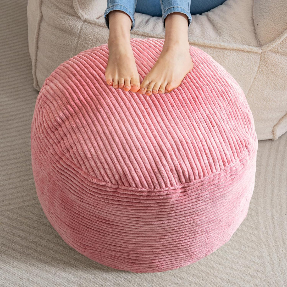 HIGOGOGO Round Stuffed Pouf Ottoman, Corduroy Poufs with Foam Chunk Filling, Furry and Fluffy Pouf