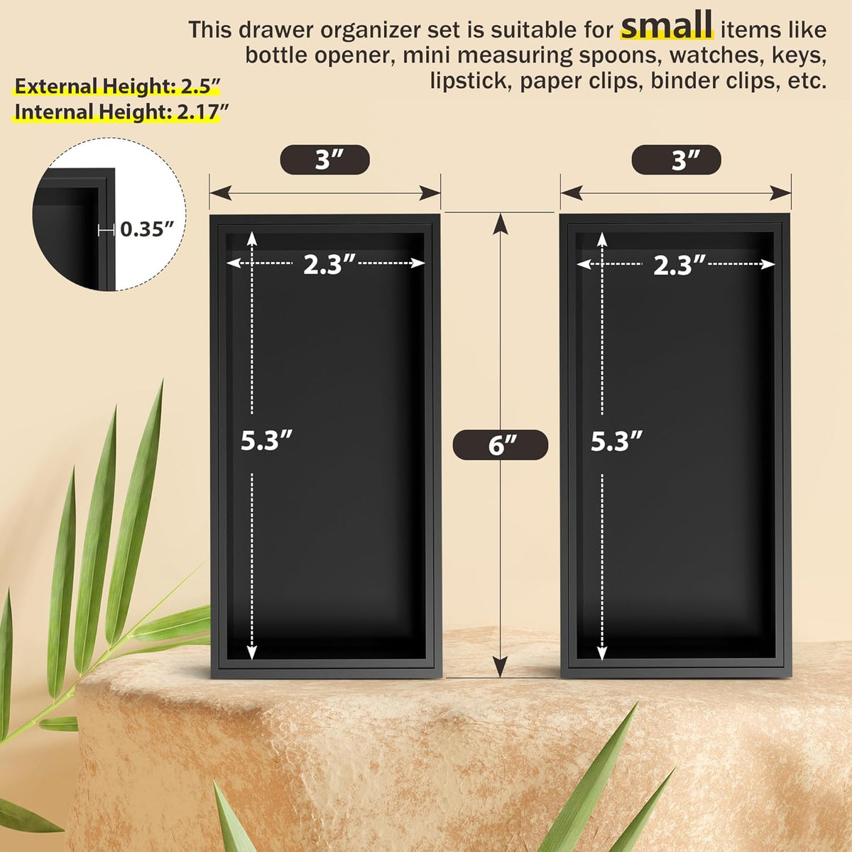 Kitchen Drawer Organizer Bins, Black Bamboo Drawer Organizer Stackable for Silverware, Utensils