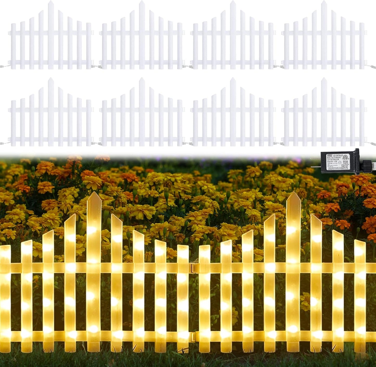 Hopolon 8 Pack 36LED Lighted Garden Fence,13.7x11.8inch Christmas Tree Fence Lights Plug in,8 Modes