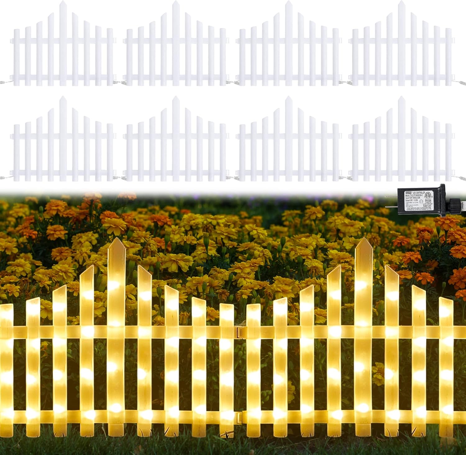 Hopolon 8 Pack 36LED Lighted Garden Fence,13.7x11.8inch Christmas Tree Fence Lights Plug in,8 Modes