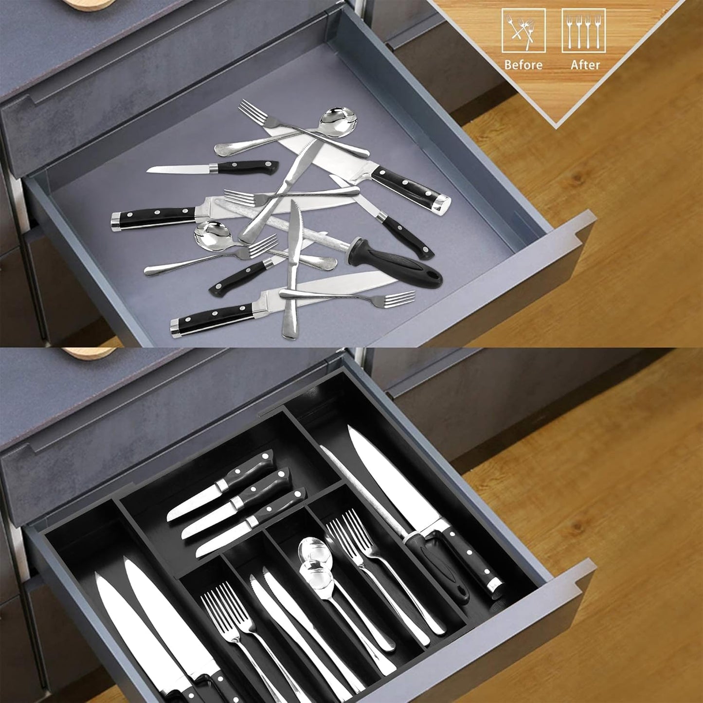 VaeFae Premium Bamboo Drawer Organizer, Expandable Silverware Drawer Organizer, Cutlery Tray with