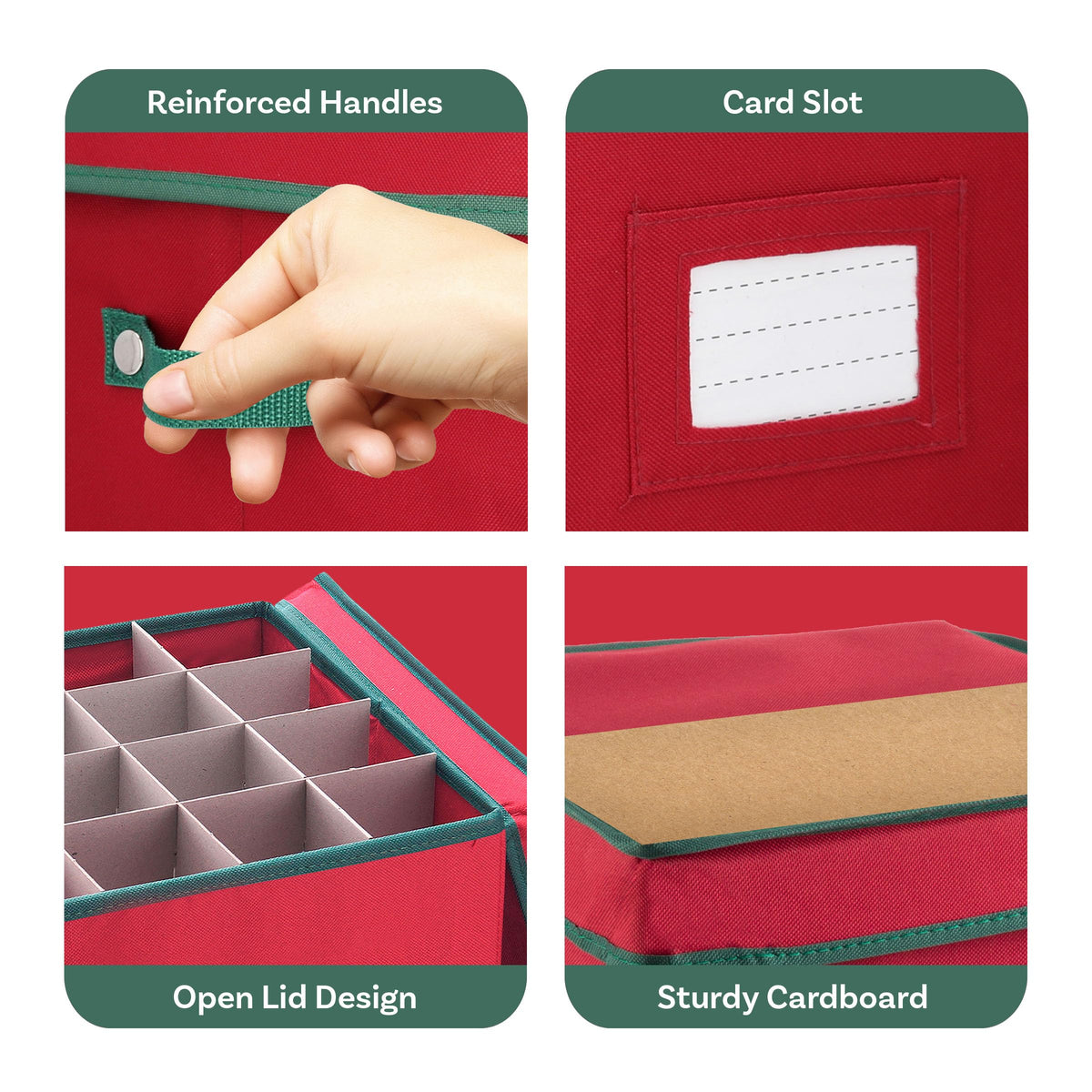 Christmas Decor Storage Box - Red Oxford Canvas Ornament Cube Chest With 64 Compartment Dividers