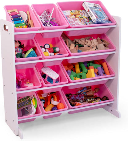 Humble Crew Kids Toy Storage Organizer with 12 Plastic Bins, White/Pink – Removable Bins for