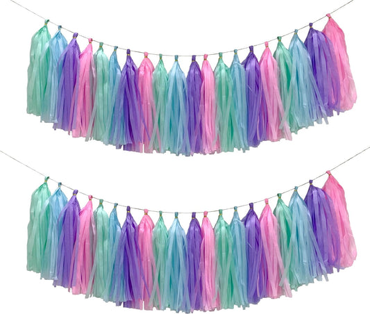 Blue Purple Mint Green Pink Tissue Paper Tassel Garland,Tissue Tassel Banner for Party