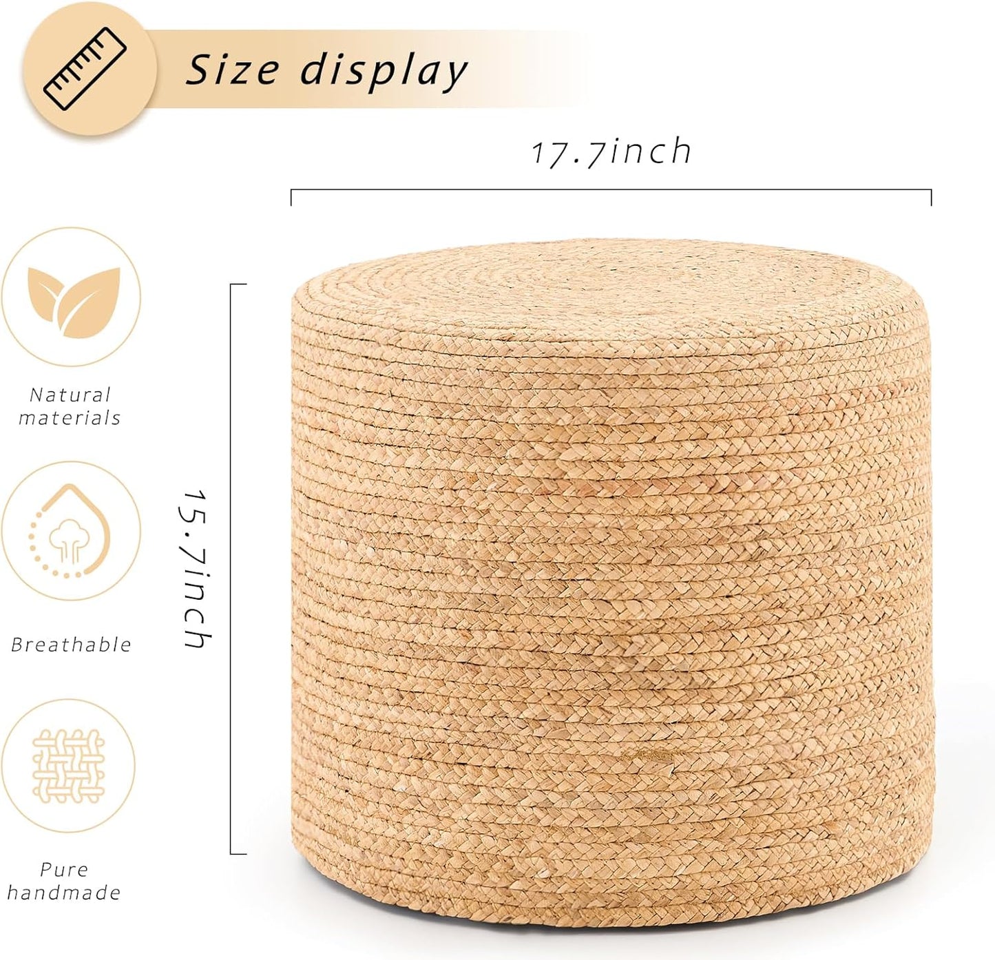 Handwoven Ottoman Pouf, Natural Water Hyacinth Footstool, Round Braided Outdoor Seat with Sturdy