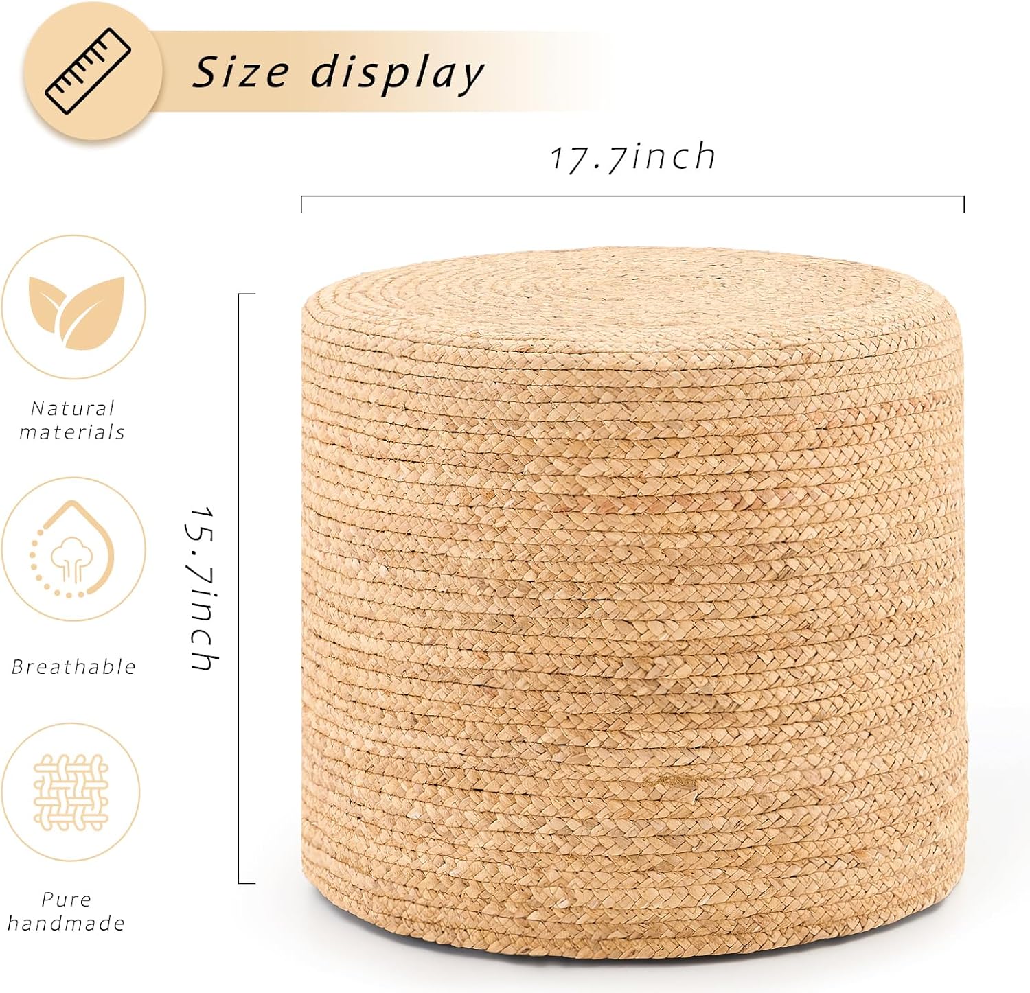 Handwoven Ottoman Pouf, Natural Water Hyacinth Footstool, Round Braided Outdoor Seat with Sturdy