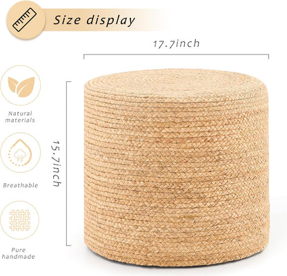Handwoven Ottoman Pouf, Natural Water Hyacinth Footstool, Round Braided Outdoor Seat with Sturdy