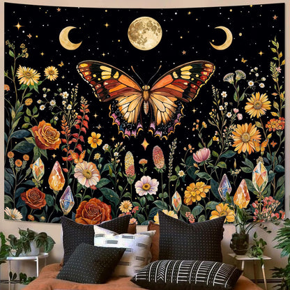 Lunerfex Boho Butterfly Tapestry Flower Moon Wall Tapestry, Moon Phases Tapestries for Bedroom Cute
