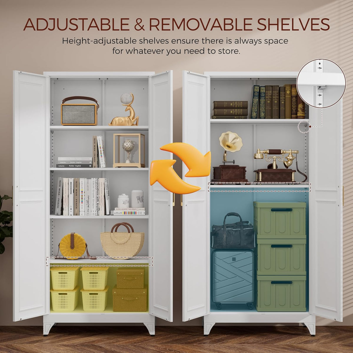 75" Kitchen Pantry Cabinet, White Metal Storage Cabinets with 2 Doors and 4 Adjustable Shelves