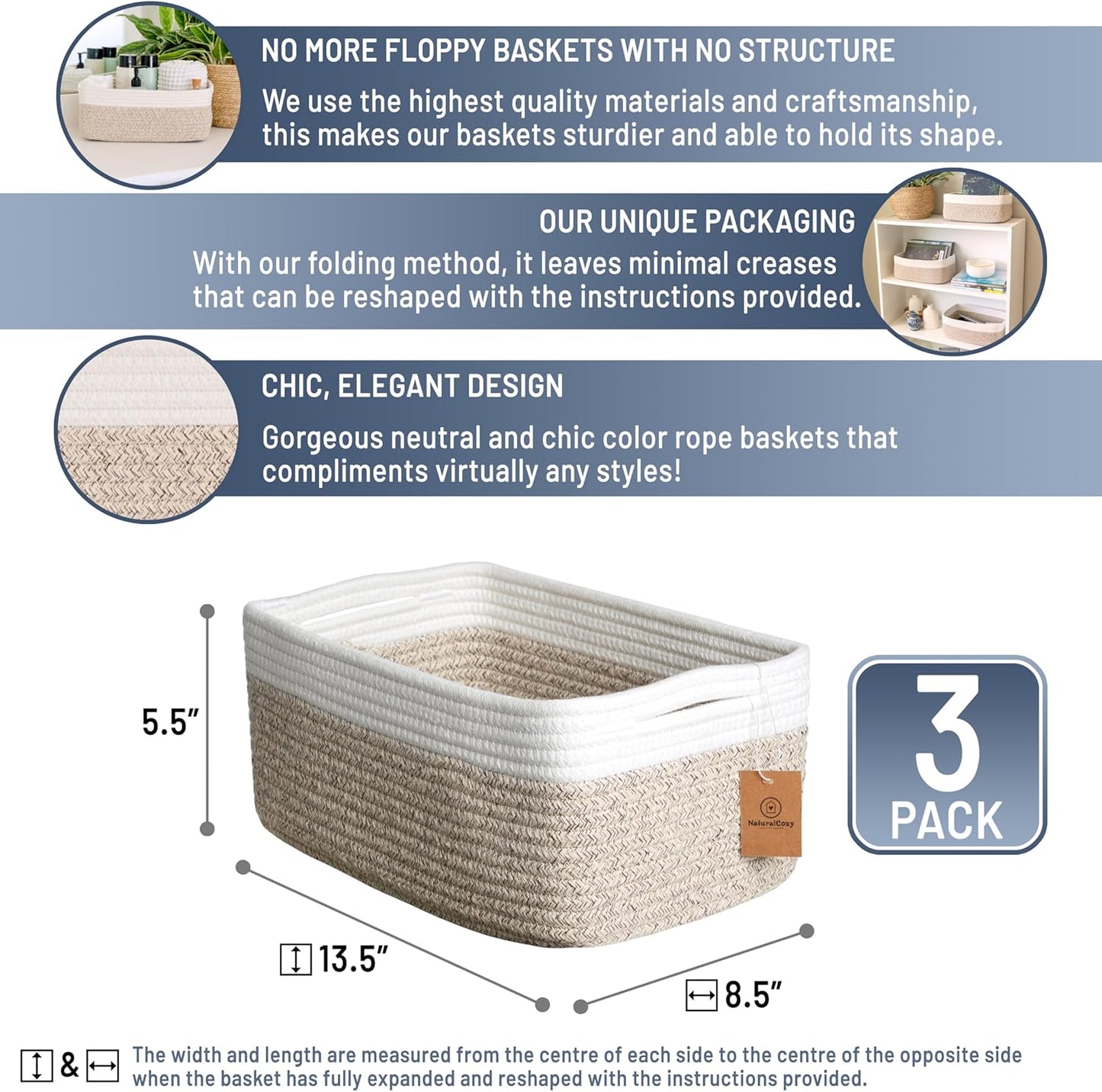 NaturalCozy 13.5”x8.5”x5.5” Storage Baskets for Shelves 3 Pack | Cotton Rope Woven Small Baskets