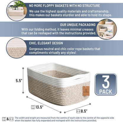NaturalCozy 13.5”x8.5”x5.5” Storage Baskets for Shelves 3 Pack | Cotton Rope Woven Small Baskets