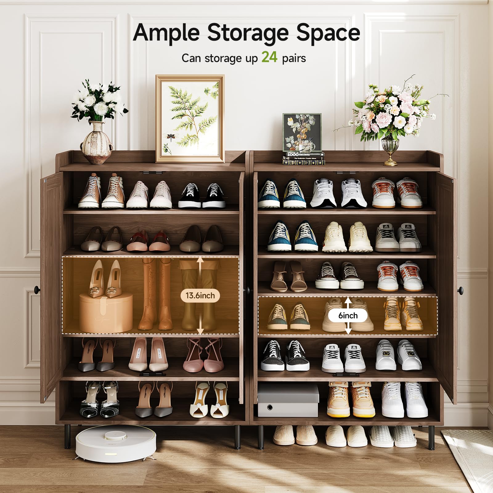 ComfyCorner Shoe Cabinet with Cross Molding Doors, 6-Tier Storage, Walnut