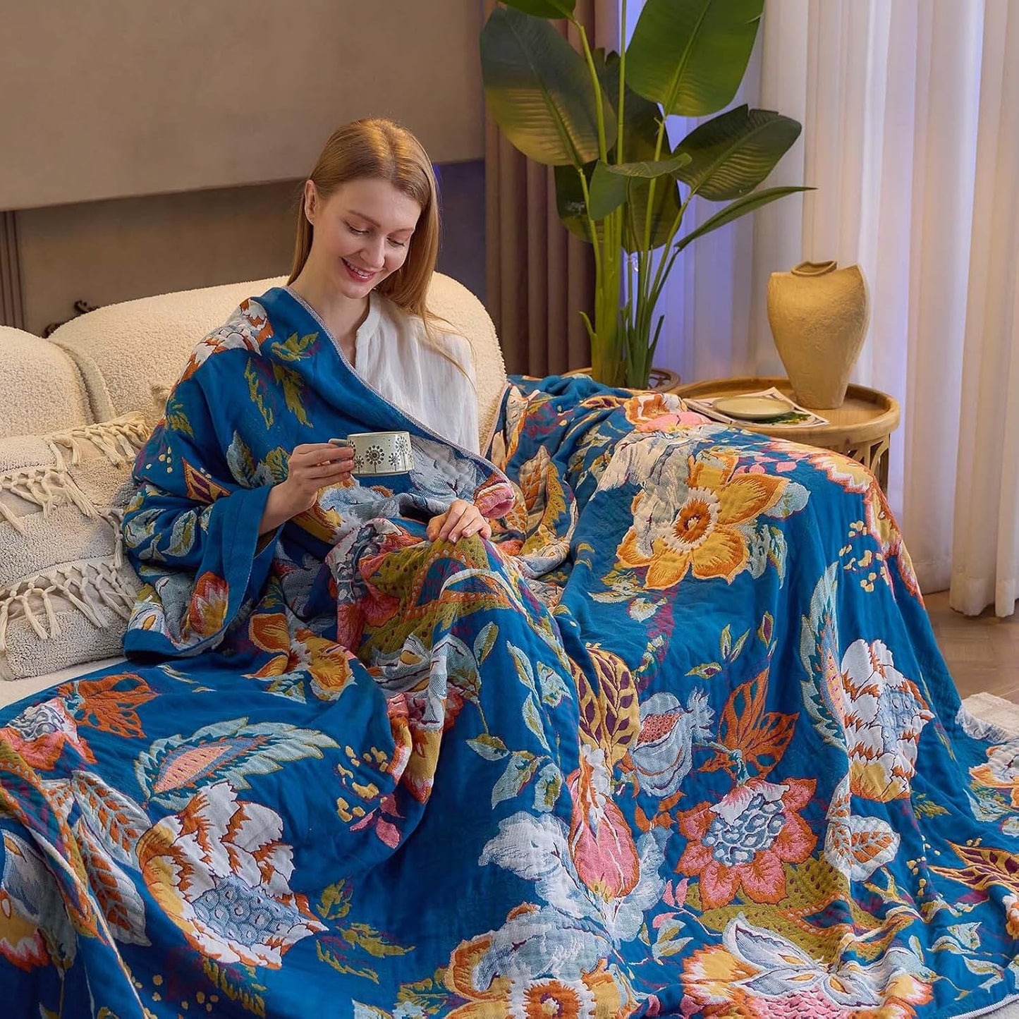 Boho Throw Blanket, Blue Lightweight Blankets for Summer, 100% Cotton Bohemian Decorative Throw