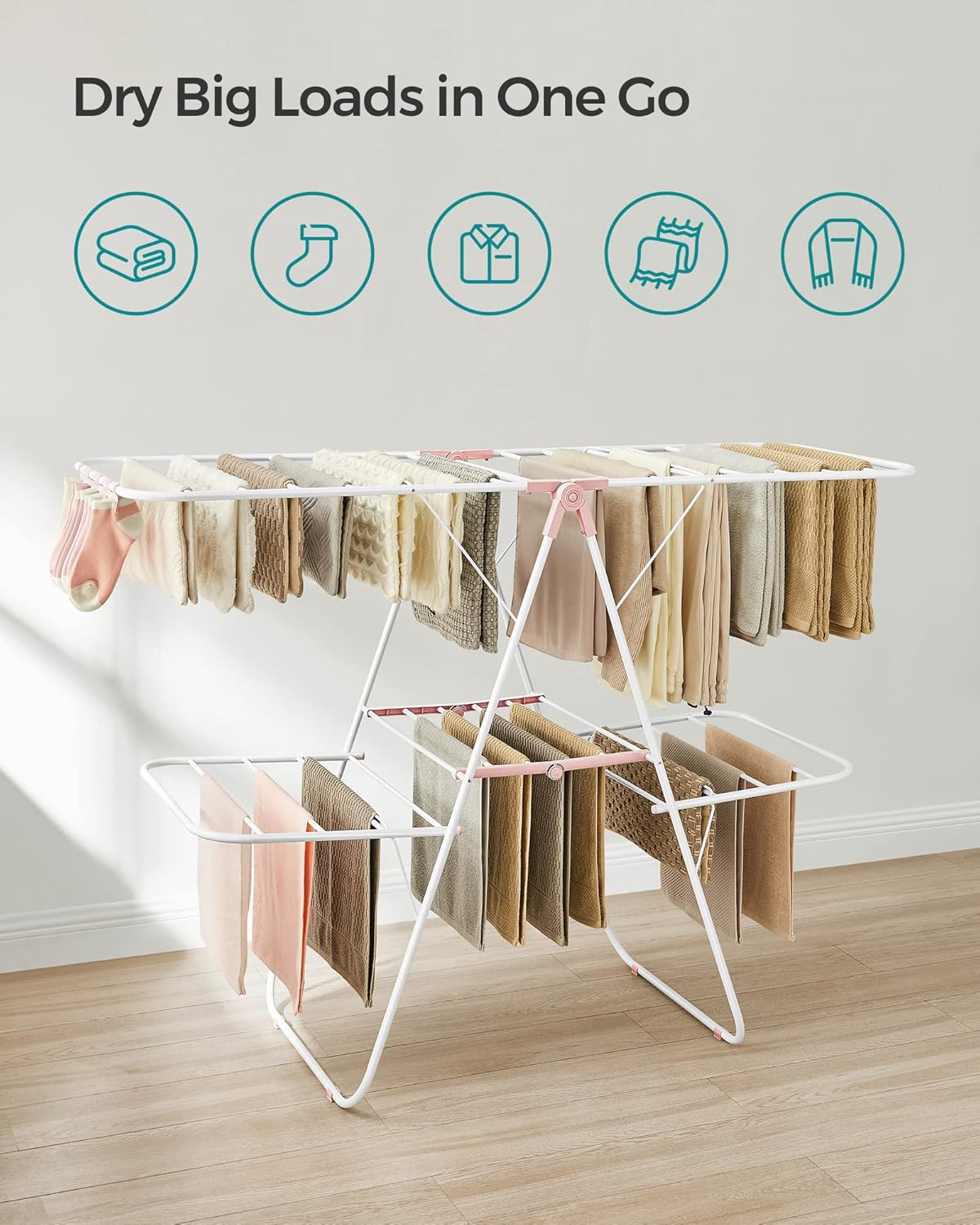 SONGMICS Clothes Drying Rack, Foldable 2-Level Laundry Drying Rack, Free-Standing Laundry Airer