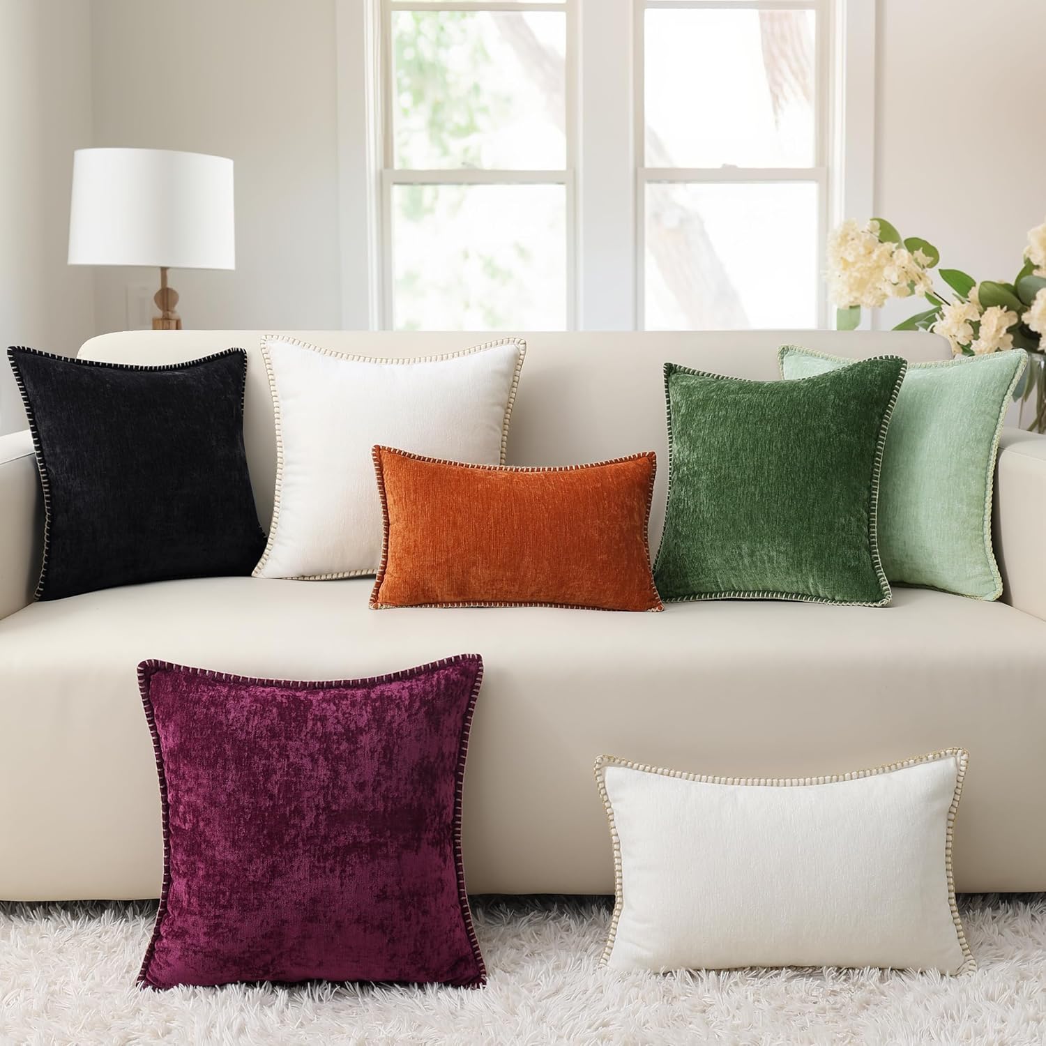 decorUhome Chenille Soft Throw Pillow Covers 16x16 Set of 2, Farmhouse Velvet Neutral Decorative