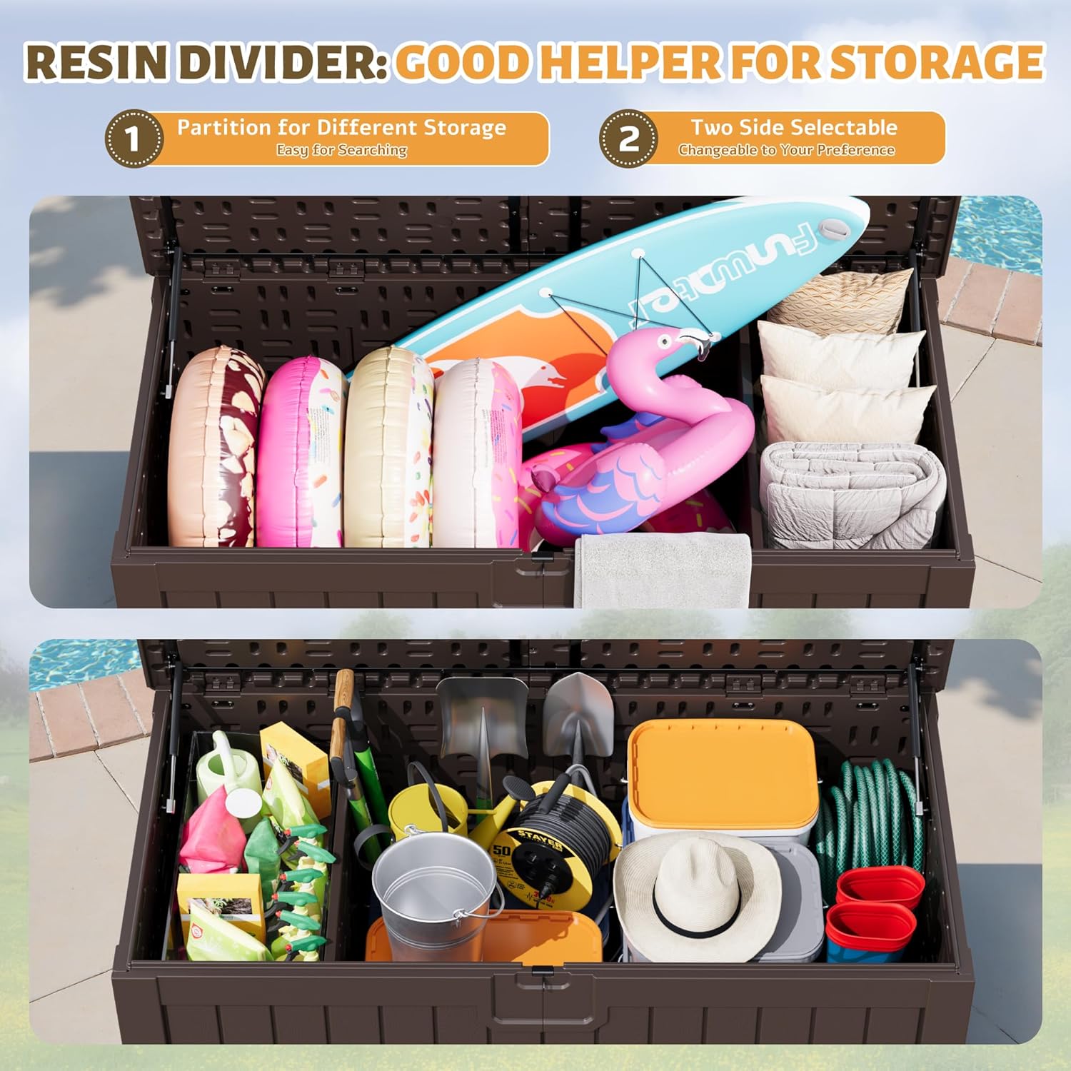 Flamaker Resin Deck Box 250 Gallon, Waterproof Imitation-Wood Lockable Storage Box with Separator